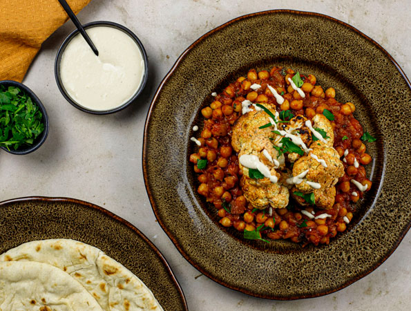 Roasted Cauliflower with Harissa, Honey and Chickpeas